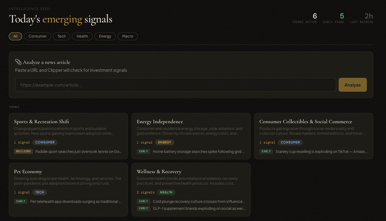 Stockclipper Discovery feed showing emerging investment signals with themes and trend cards